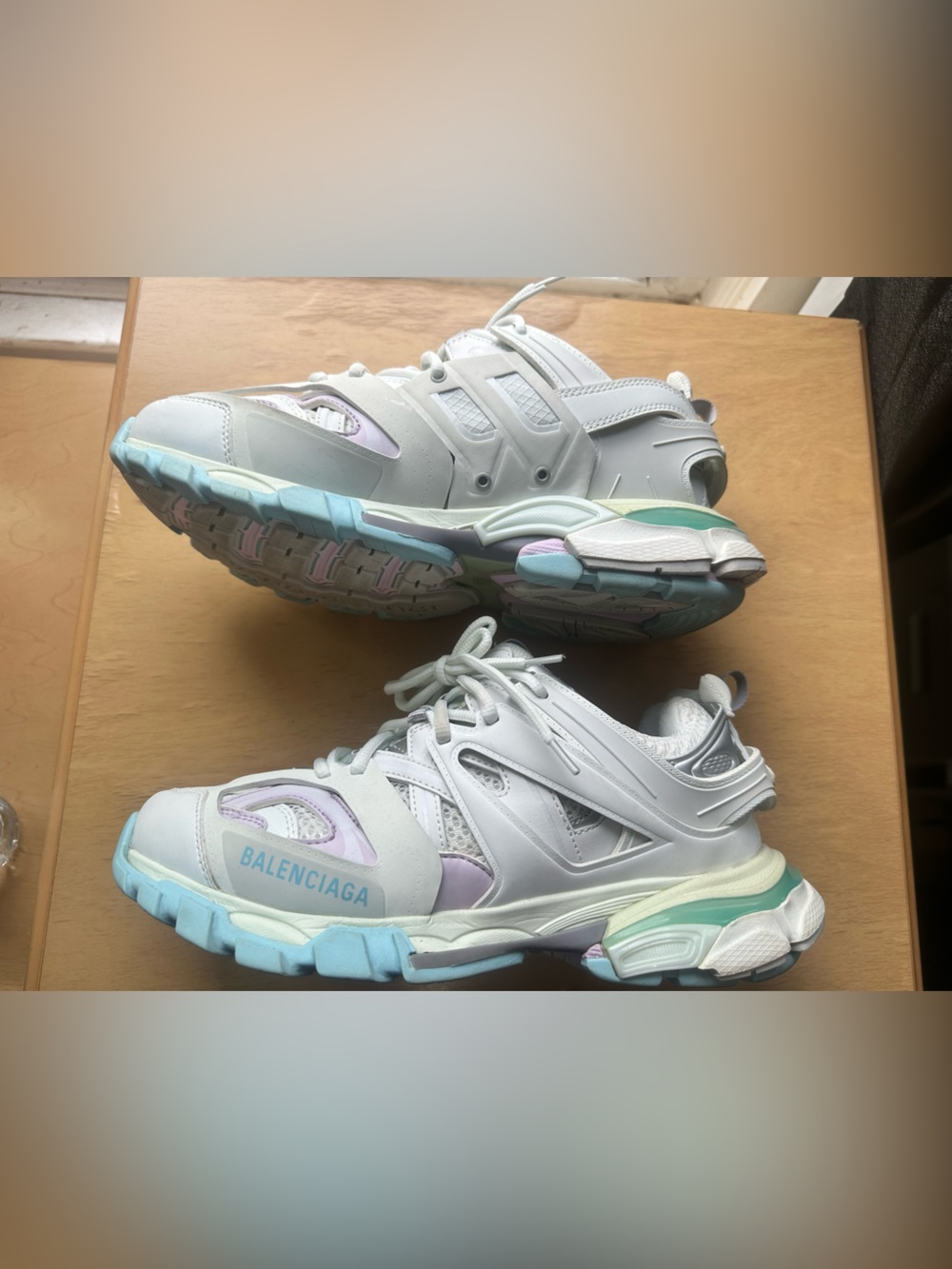 Balenciaga White Track Sneakers with Pastel Blue, Mint & Lavender Accents